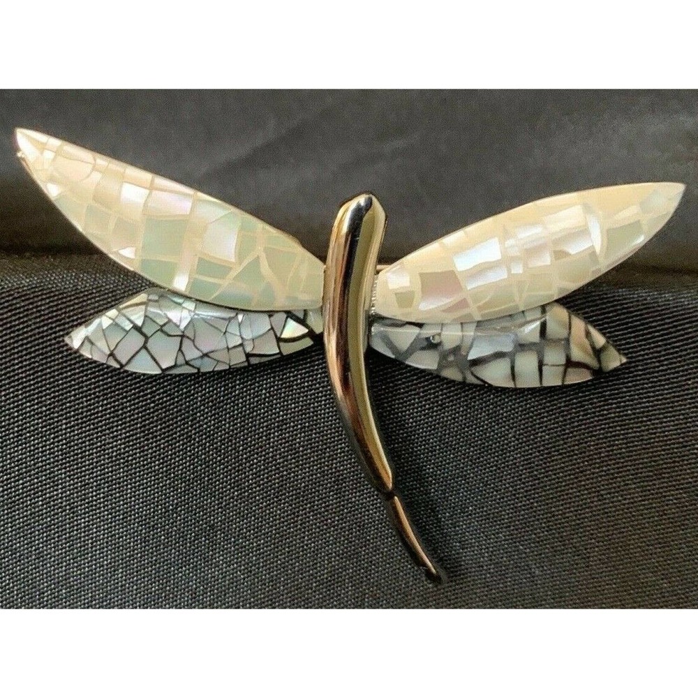Mother of Pearl Dragonfly Brooch - Iridescent White & Gray
